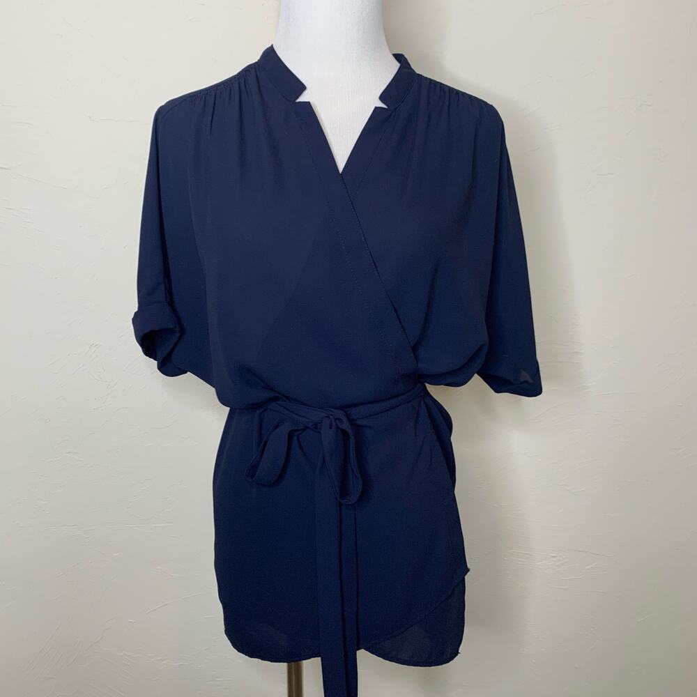 Gibson Latimer Chiffon Wrap Blouse Navy Blue Preppy Sz Small